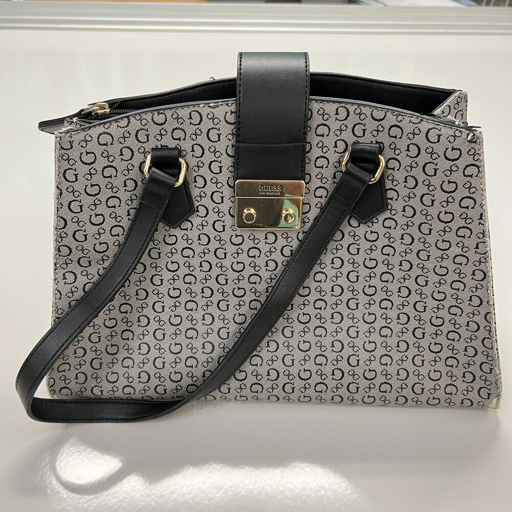 GUESS Los Angeles G Logo Monogram Satchel Handbag Black Gray Gold Hardware Cross